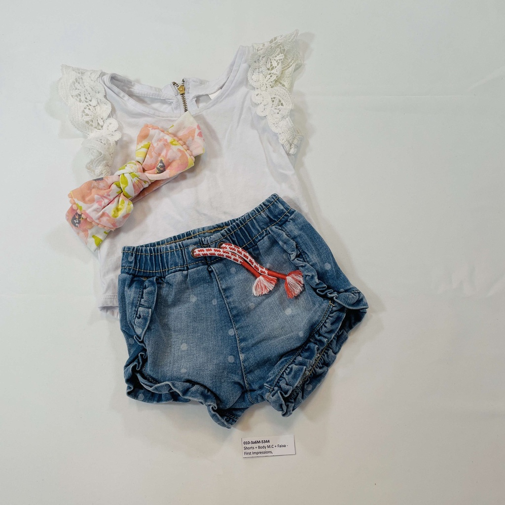 Shorts + Body MC + Faixa - Renda, Poa, Floral - First Impressions - Tamanho 3 a 6M == peça seminova - 5344