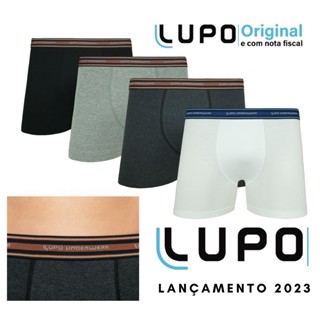 Kit Com 4 Cuecas Boxer Lupo Original de Algodão Masculina Adulto Modelo 523 Lançamento 2023 Cotton Box - Preta Cinza Chumbo Azul Branca