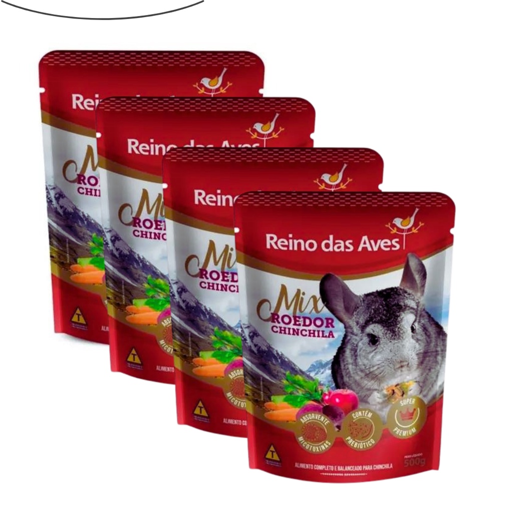 Ração Para Chinchila Extrusada Mix Roedor Kit 4un 500g - Reino Das Aves