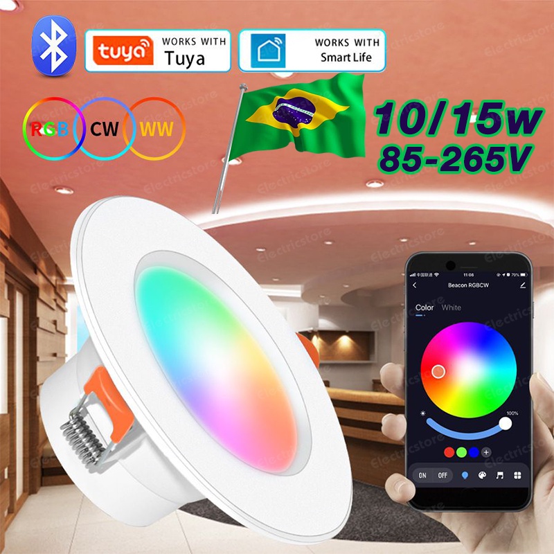 Luminária Embutida De 10W / 15W Bivolt 110v 220v Tuya Bluetooth SmartLife Dimming Spot Lâmpada Inteligente RGB+CW+WW