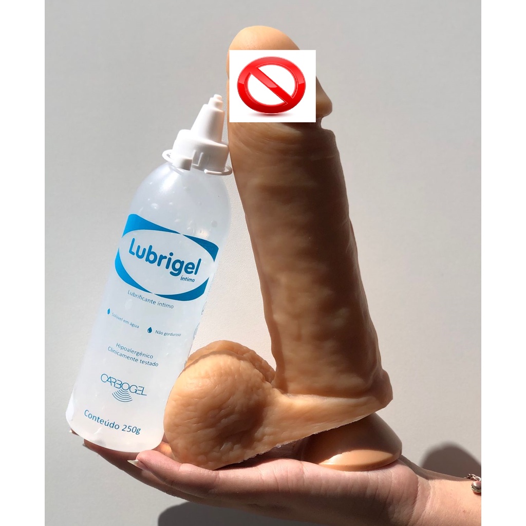 Prótese Pênis Grande Grosso Com Escroto e ventosa  20,5cm X 5cm + Lubrificante frasco 250g em Oferta na Shopee