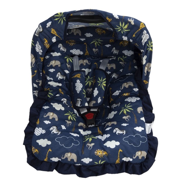 Kit para Bebê Conforto, 4 Peças, Protetor de Cinto + Capota + Capa, Animais, Marinho, Menino