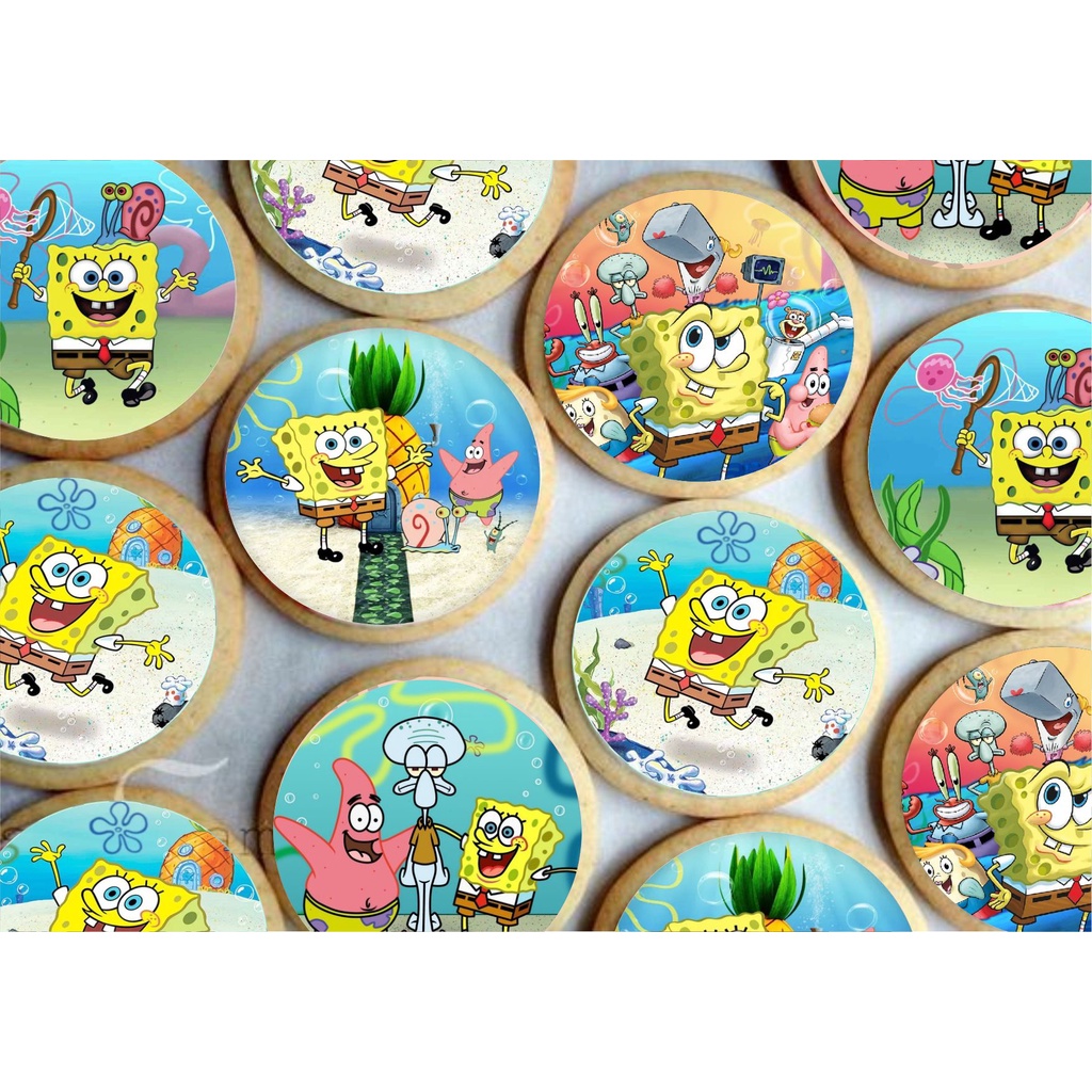 Papel arroz CORTADO para Pirulito de Isomalt ou Cupcake ou Bolacha ou Ch 5cm com 20 imagens por folha - Tema Bob Esponja