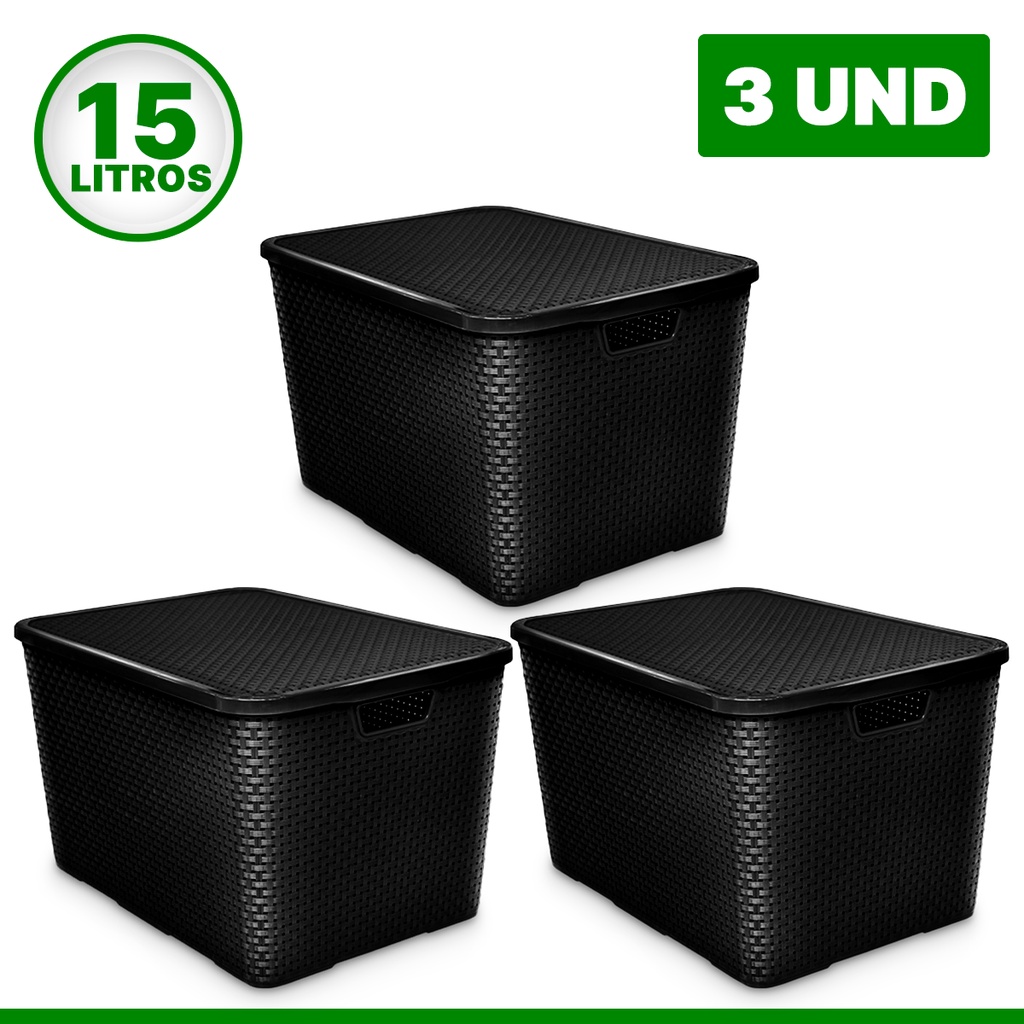 Kit 3 Cesto Caixa Organizadora Rattan Com Tampa 15 Litros Preto Marrom Branco Empilhável