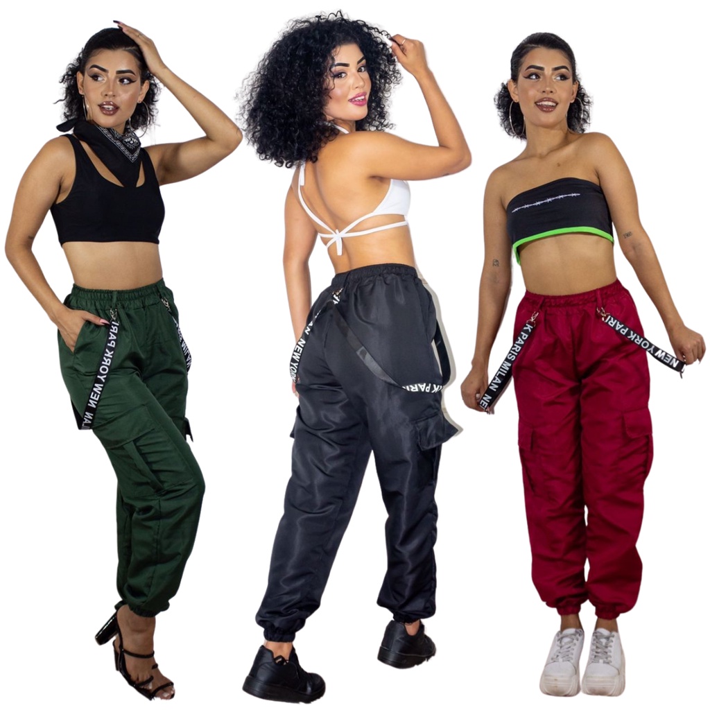 KIT 3 - Calça Jogger Cargo Feminina Tactel Com Fita - Gringa Street - Calça Suspensório Hip Hop Street Moda Rua