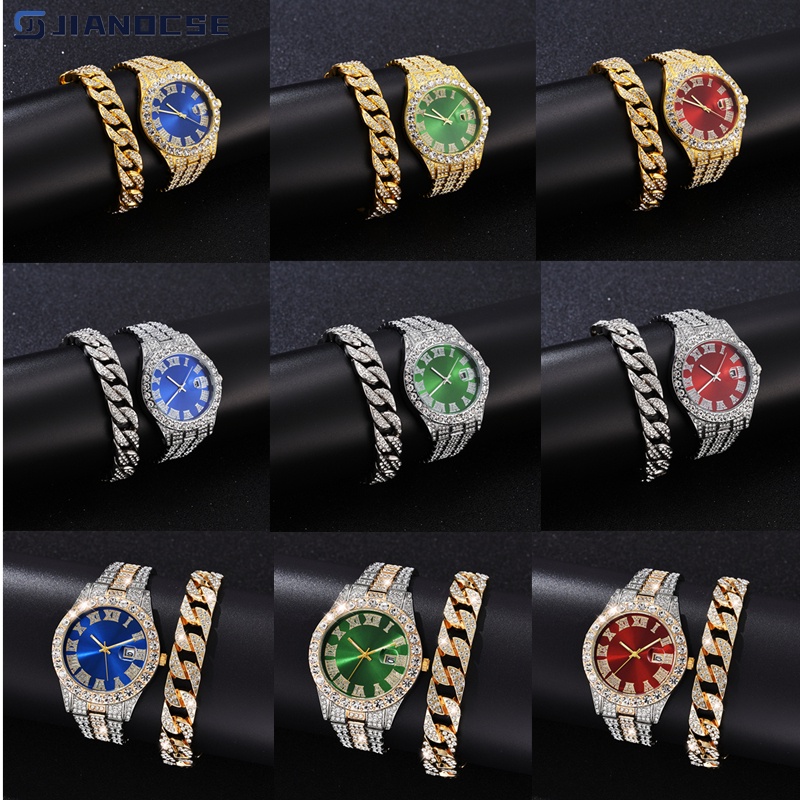 Novo 2Pcs/Set Iced Out RelóGios Hip Hop RelóGio Para Homens De NegóCios Grande Discagem Faixa De AçO Cintilante Diamante