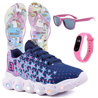 Tenis Infantil De Led Meninas Casual Marinho e Pink Com Luzes Feminino + Chinelo Óculos e Relógio em Oferta na Shopee
