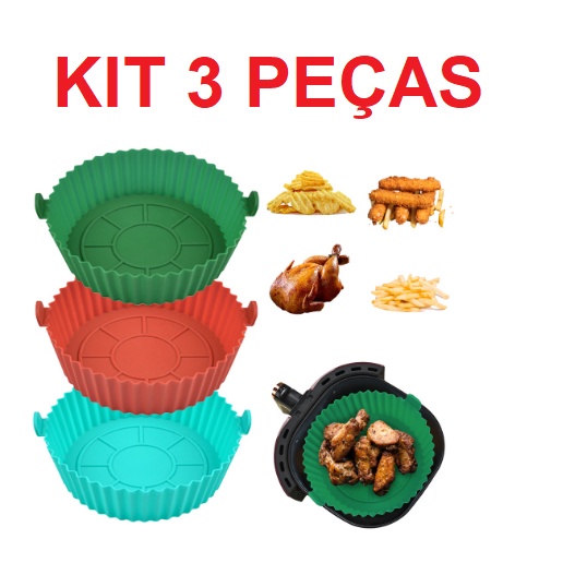 KIT 3 Cesto Forma de Silicone Redondo Air Fryer e Forno Forma para Fritadeira Elétrica com Alça