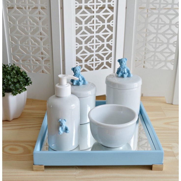 Kit Higiene Porcelana K032 Bebê Moderno Urso Menino Azul Cotonete Algodão Potes Bandeja Azul