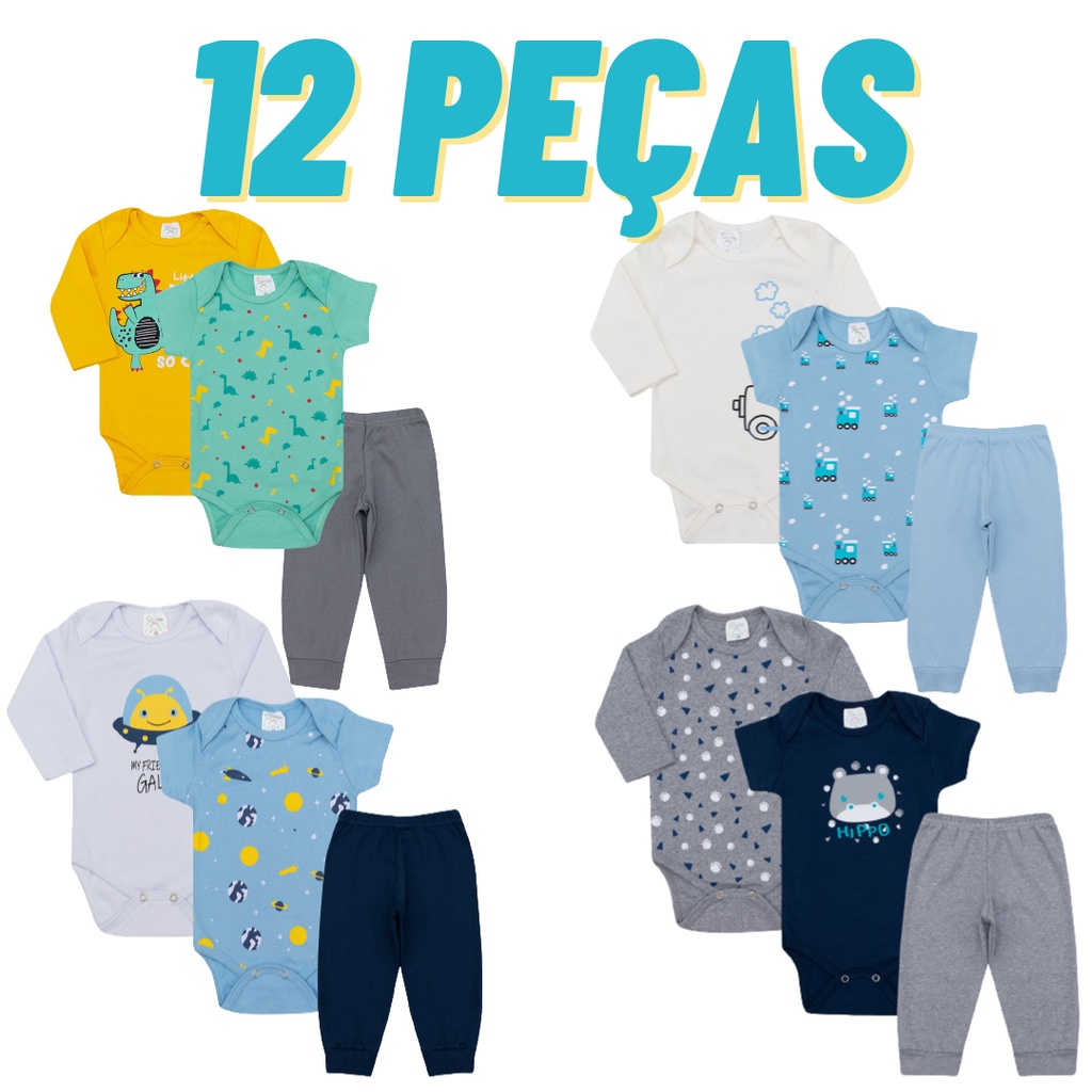 Kit Roupa De Bebe 12 Peças Body Manga Longa e Curta E Mijão Algodão Menino ou Menina Sorti...