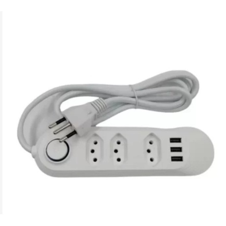 Extensão Elétrica 2m Com 4 Tomadas e 3 Entradas USB com Botão Power Socket COIBEU