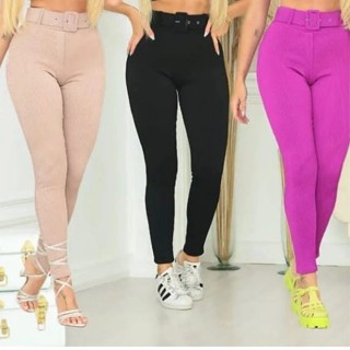 Calça Modeladora Canelado Premium 3D Feminina com Sinto Blogueira