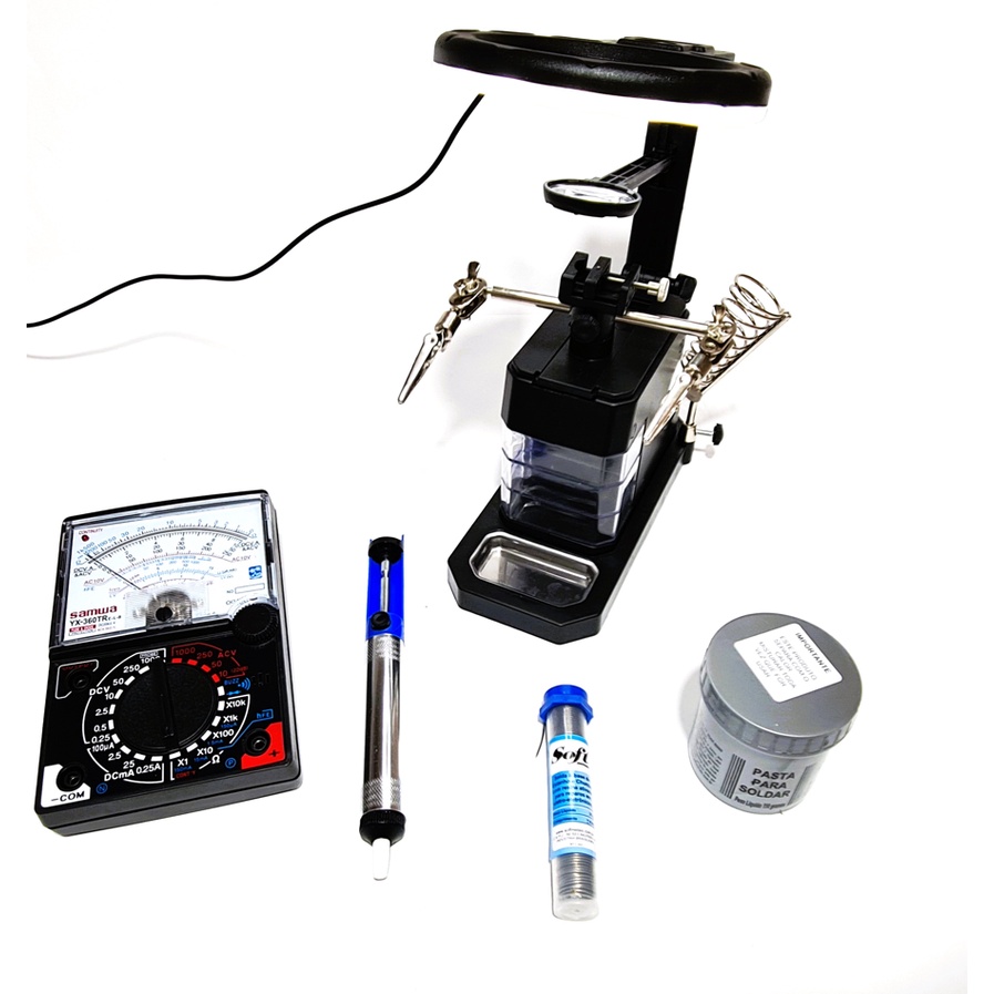 Kit Suporte para ferro de solda com lupa e garras jacaré + multimetro analógico + pasta para solda + sugador + estanho