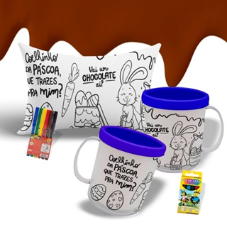 Kit Pinte e Lave Personalizado Pascoa com Caneca de Acrílico e Almofada em Oferta na Shopee