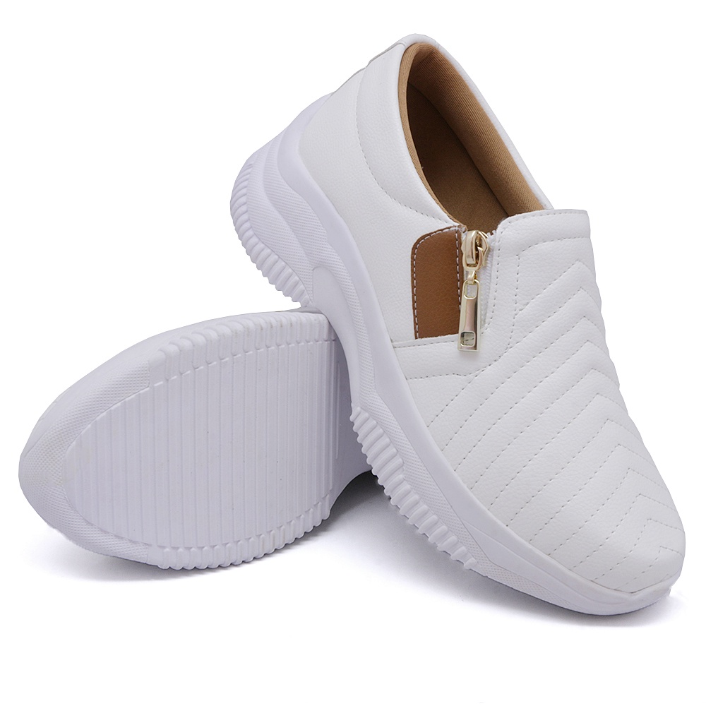 Tênis Chunky Feminino Sneekers Zíper Costura Frontal Branco Boho Plataforma