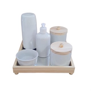 Kit Higiene Bebe Porcelana Branco Gelo Completo Bandeja Espelhada com Pezinho Potes com Puxador, Molhadeira, Saboneteira, Mini Garrafa Termica