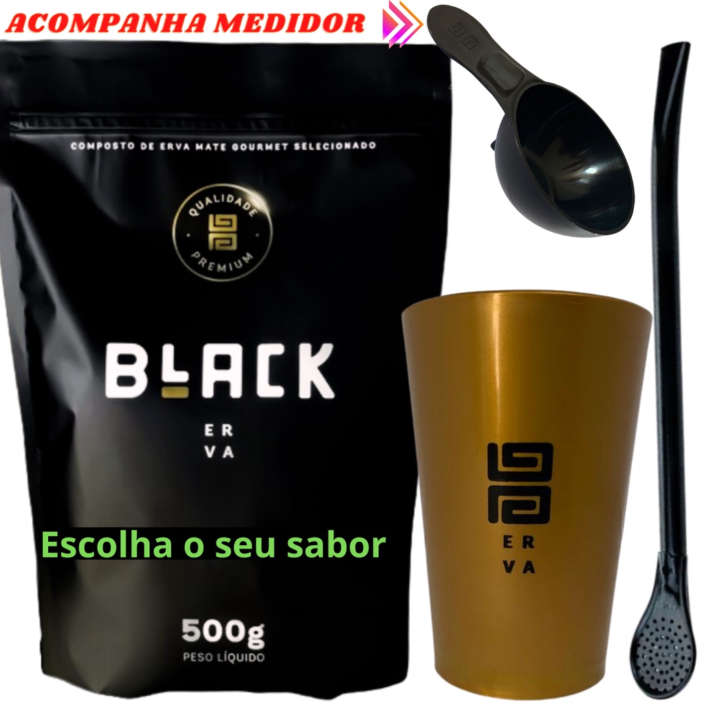 Kit Tereré Black Erva Mate Copo Caldereta Dourado Bomba Clássica Preta Escolha Sabor Com Medidor