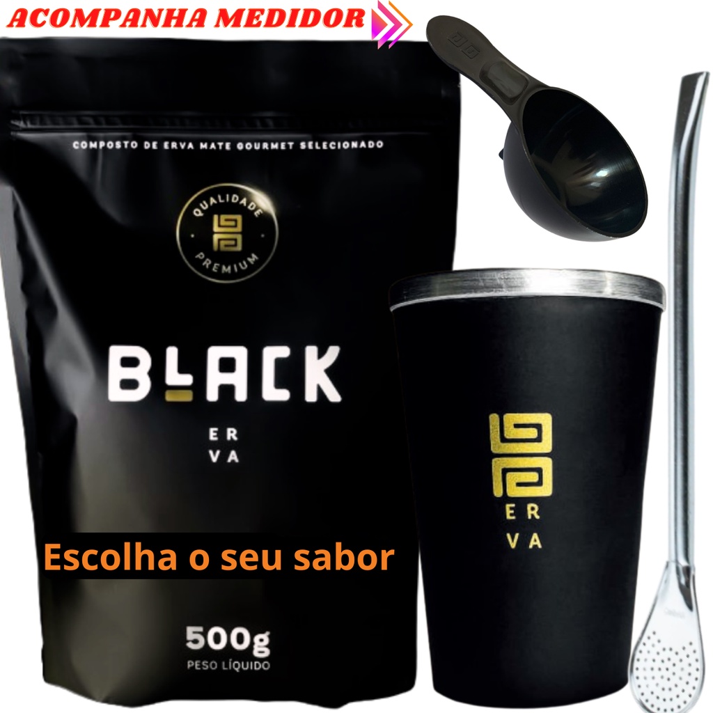 Kit Tereré Black Erva Mate 500g + Copo de Alumínio Térmico Preto + Bomba Clássica Cromada Escolha