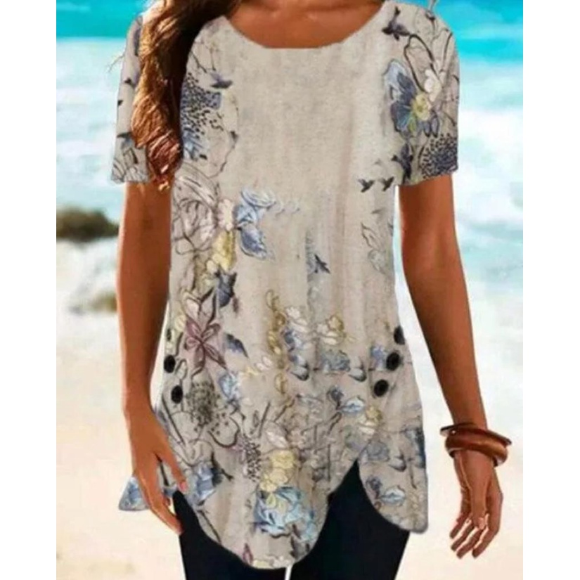 LUKABOUTIKE-BLUSAS ESTAMPA FLORAL GOLA REDONDA MANGA CURTA, TAMANHO P.