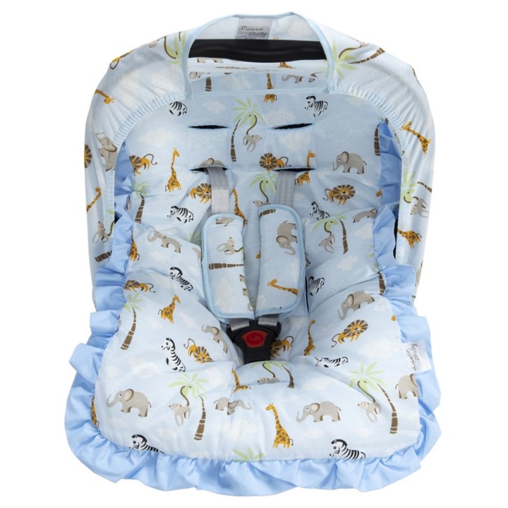 Kit para Bebê Conforto Completo, Animais, Azul, 4 Peças, Capa, Protetor de Cinto, Capota, Menino