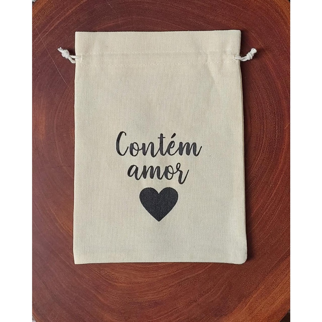 50 Saquinhos 15x20 algodão cru com a frase "Contém Amor". Embalagem ecológica.
