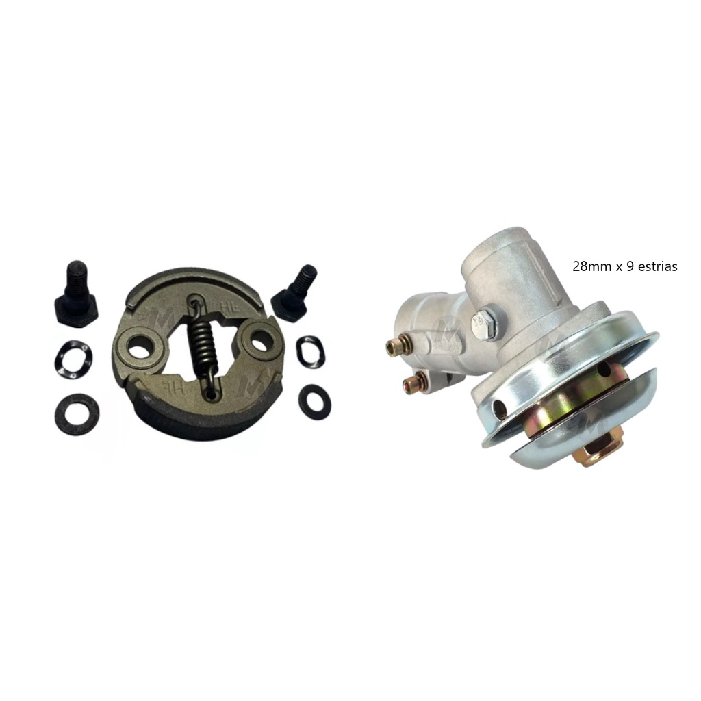 Ponteira roçadeira tubo 28mm e 9 estrias + embreagem completa 33/43/52/62cc
