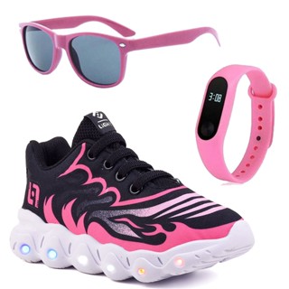 Tenis Infantil De Led Meninas Casual Preto e Pink Com Luzes Feminino + Óculos e Relógio Luizza