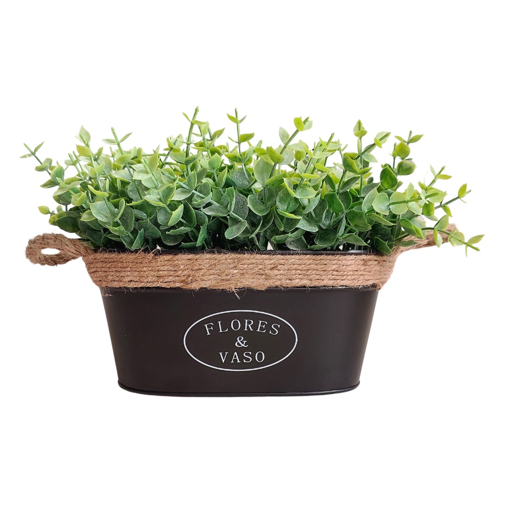 Cachepot Floreira Flores & Vaso Preto de Metal com Arranjo Pick de Eucalipto Verde Planta Artificial