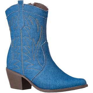 Bota Feminina Western Texana Jeans Denim Bordada