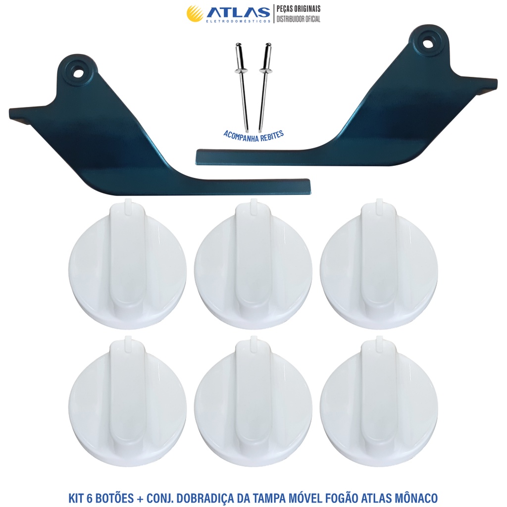 Kit 6 Botões Manípulos+Dobradiça Tampa Móvel Atlas Mônaco