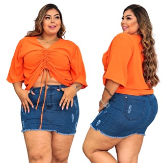 Blusa Plus Size Feminina Cropped Tamanho Grande Manga 3/4 Verão Tecido Duna Lançamento
