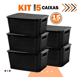 Kit 5 Caixas/Cestos Com Tampa Organizador Rattan 15 Litros Arqplast