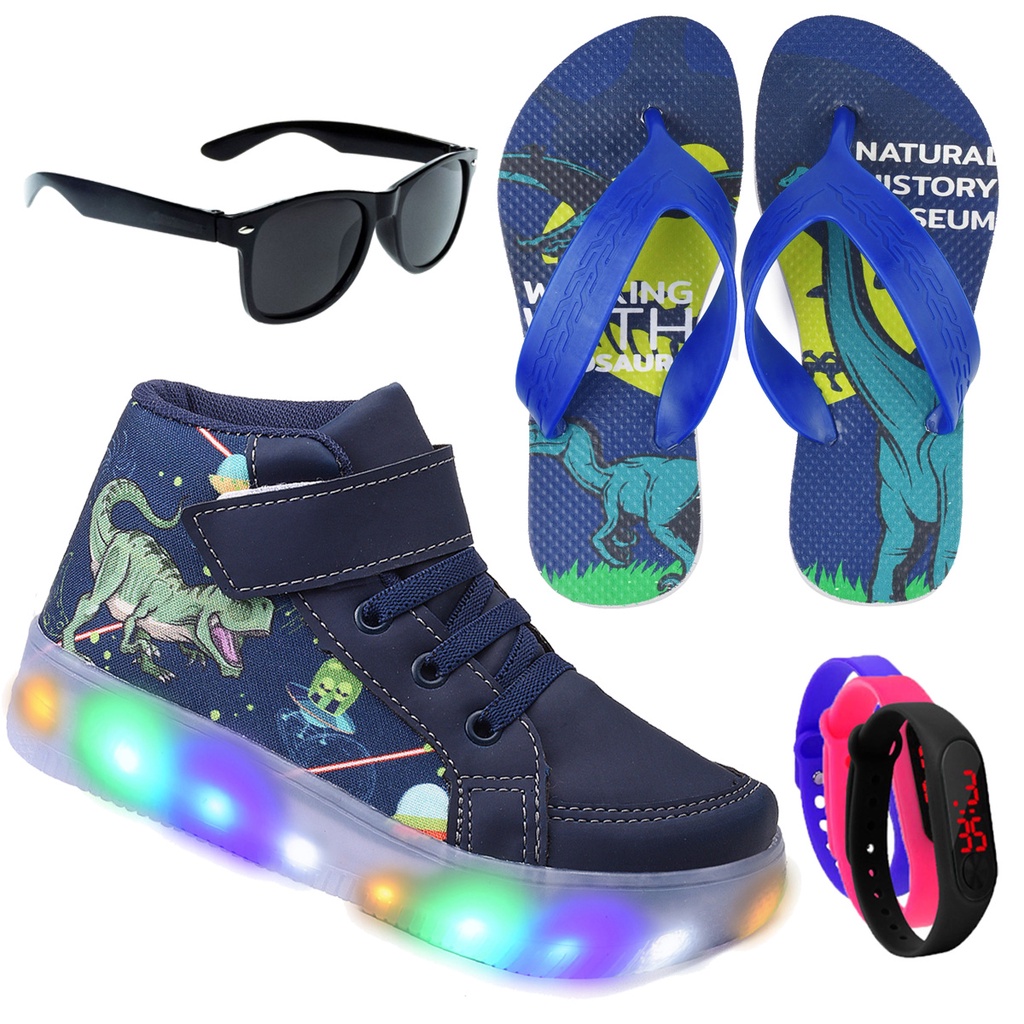 Kit Botinha Masculino Infantil Tenis De Led  Dinossauro Marinho Velcro + Chinelo + Óculos + Relógio