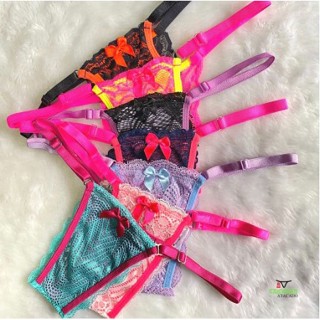 Kit 3 Calcinhas Renda Neon Com Regulagem Fio Dental Tanga
