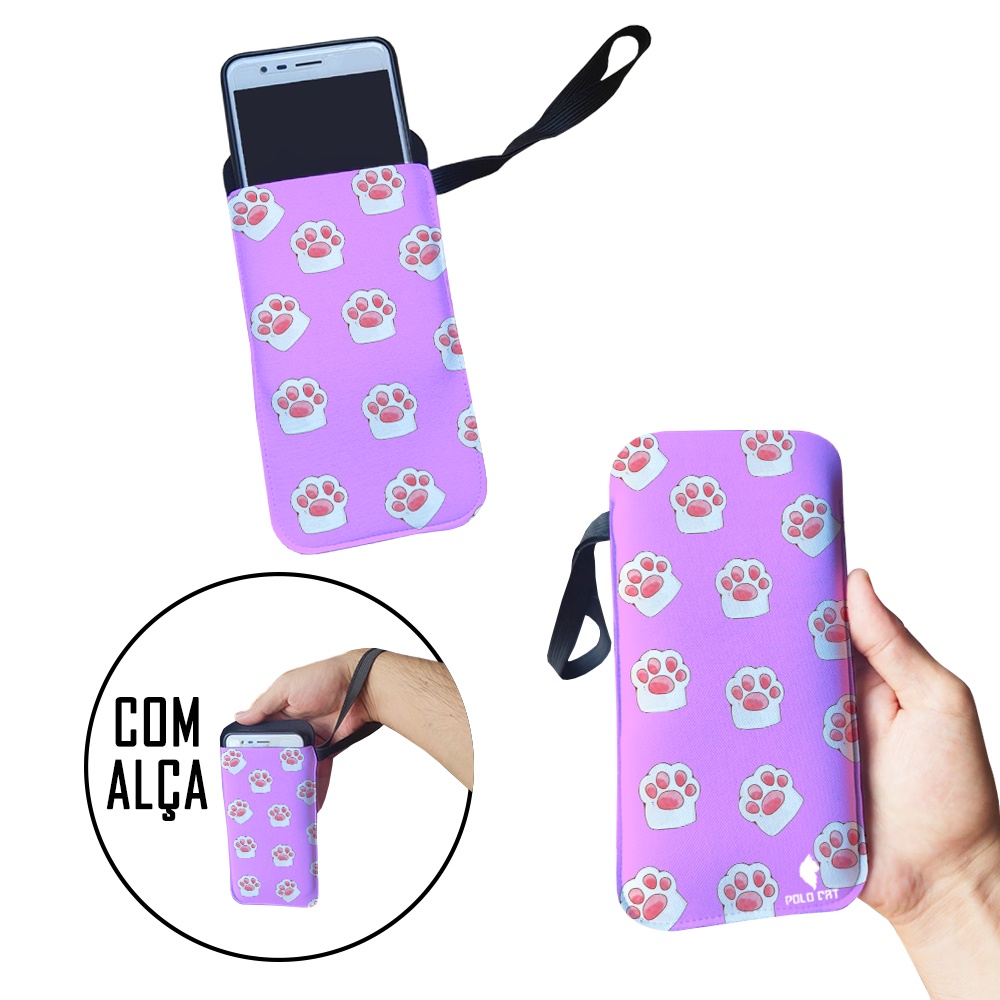 Capinha Celular Case Proteção Neoprene Universal compátivel com todas as marcas Patinhas Branca Fundo Rosa