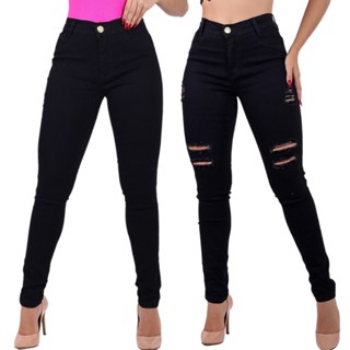Calça Preta Rasgada Feminina Jeans Cintura Alta Hot Pants Skinny com Lycra Levanta Bumbum