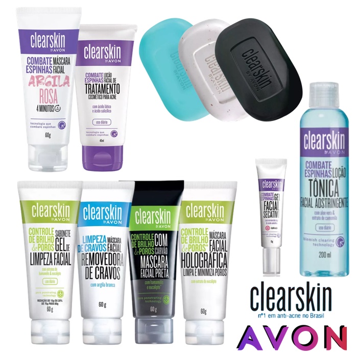 (Kit 2 unid.) Linha Clear Skin Avon (Skin Care): Loção Tônica Facial, Sabonete de Limpeza, Máscara Facial Argila Removedora de Cravos com Carvão, Sabonete Gel de Limpeza, Gel Secativo