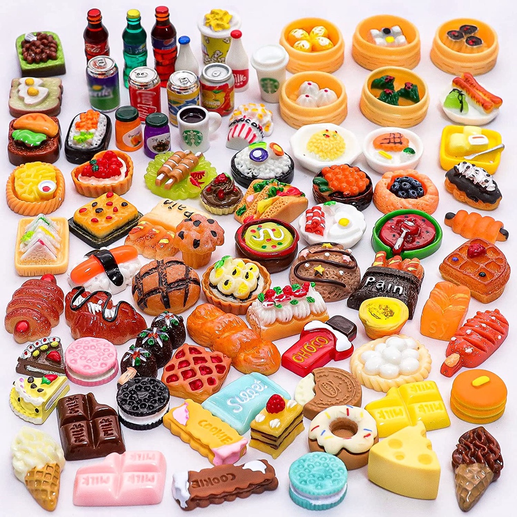45 Peças Miniatura De Comida & Bebida Garrafa De Brinquedo Mix Pretend Dollhouse Acessórios De Cozinha Mini Play Fake Resin (Hamburguer , Pizza , Bolo , Sorvete , Pão)