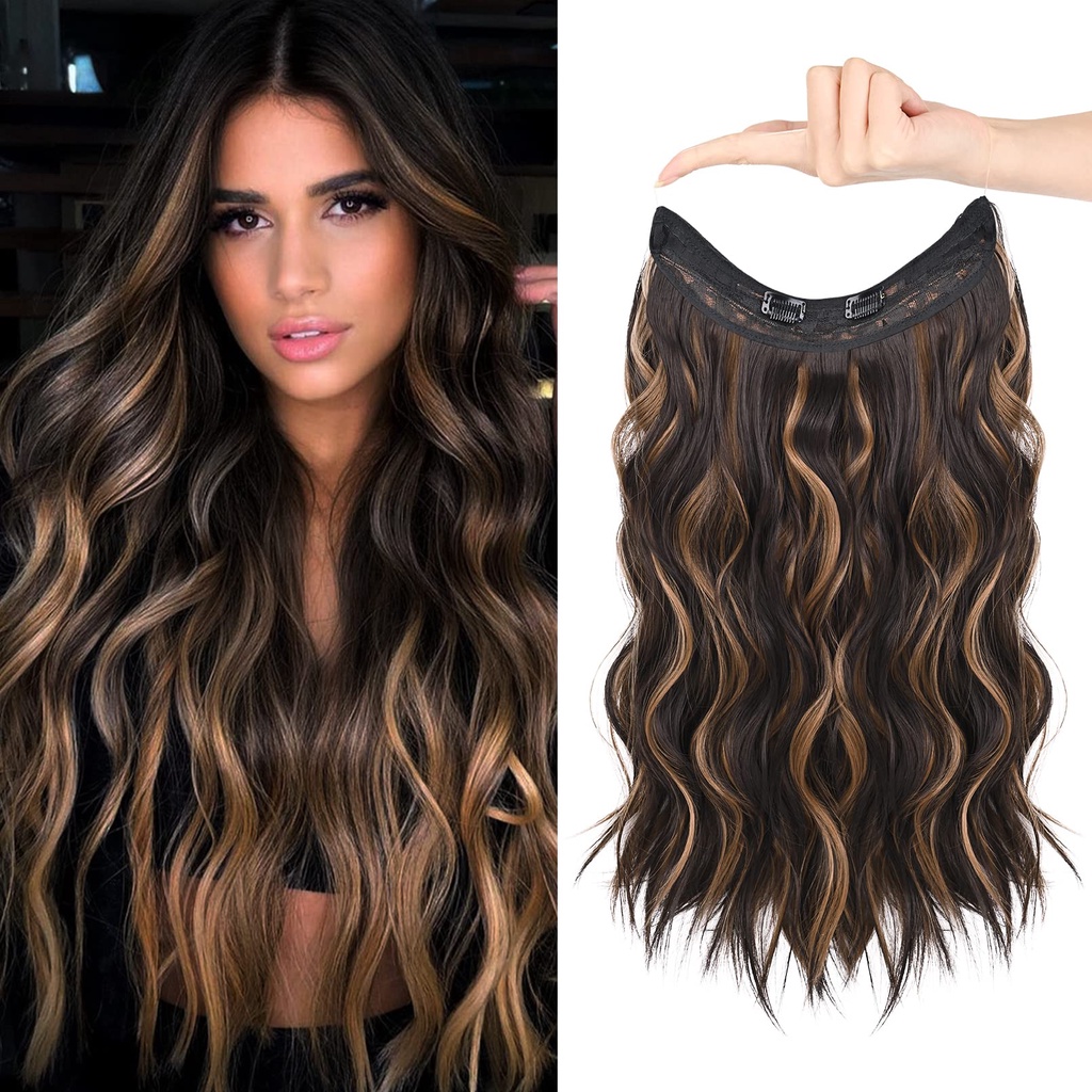75CM Extensões De Cabelo De Fio Com 2 Clipes Removíveis Ondulado Cacheado Invisível Transparente Para Mulheres-Marrom Preto Destaques