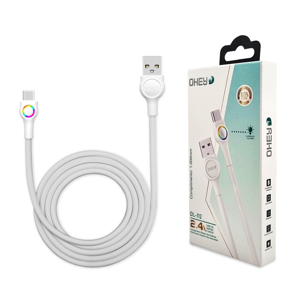 Cabo Usb Tipo C 1M Para Celular 2.4A Carregamento rápido e seguro com Led Rgb DL-112