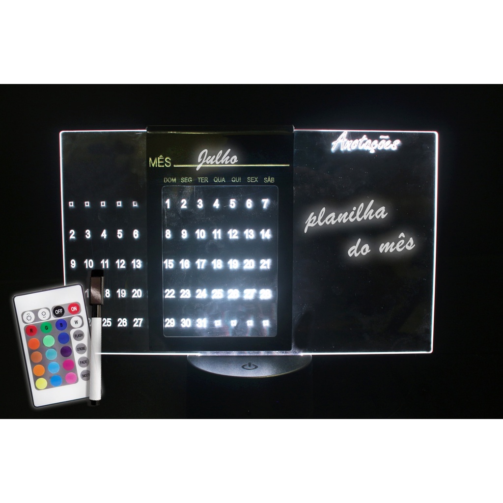 luminaria Calendario De Mesa  Anotações Acrilico Transparente RGB com controle  e caneta escreve apaga Escritório