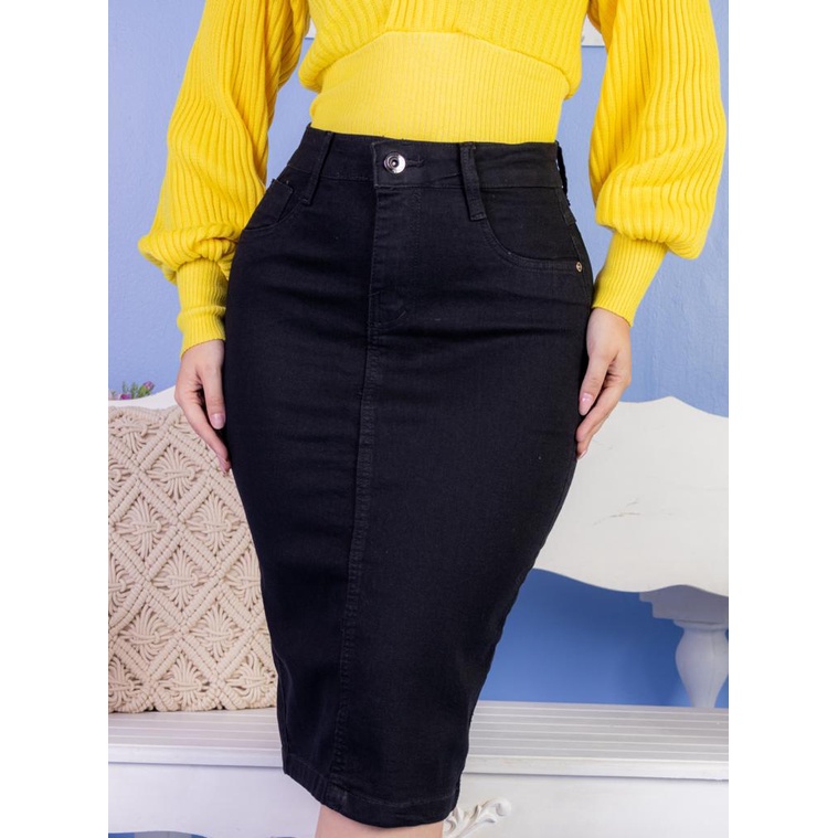 Saia Midi Cintura Alta Jeans Preta  / Moda Evangélica
