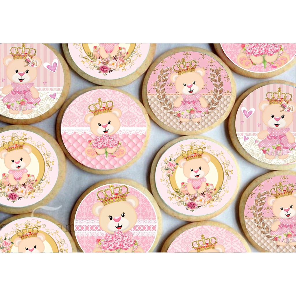 Papel arroz CORTADO para Pirulito 5cm com 20 imagens por folha - Ursinha Princesa Ursa Rosa ou Príncipe Azul