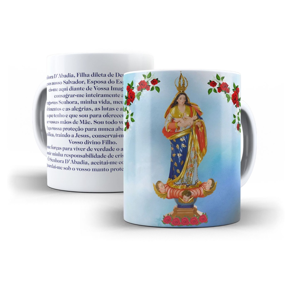 Caneca Nossa Senhora da Abadia cerâmica 325ml presente religioso católico cozinha café aniversário