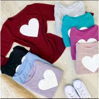 Blusa de frio coração com aplique e pérolas moda outono inverno feminina