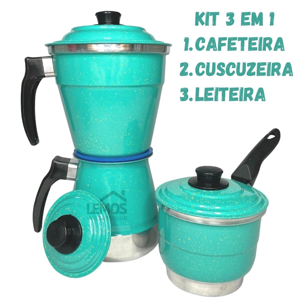 Cafeteira de Fogão 3 em 1 Tenha Fervedor + Cuscuzeiro Porção Unica Cuscuz Peitinho de Moca + Cafeteira Italiana 1 Litro