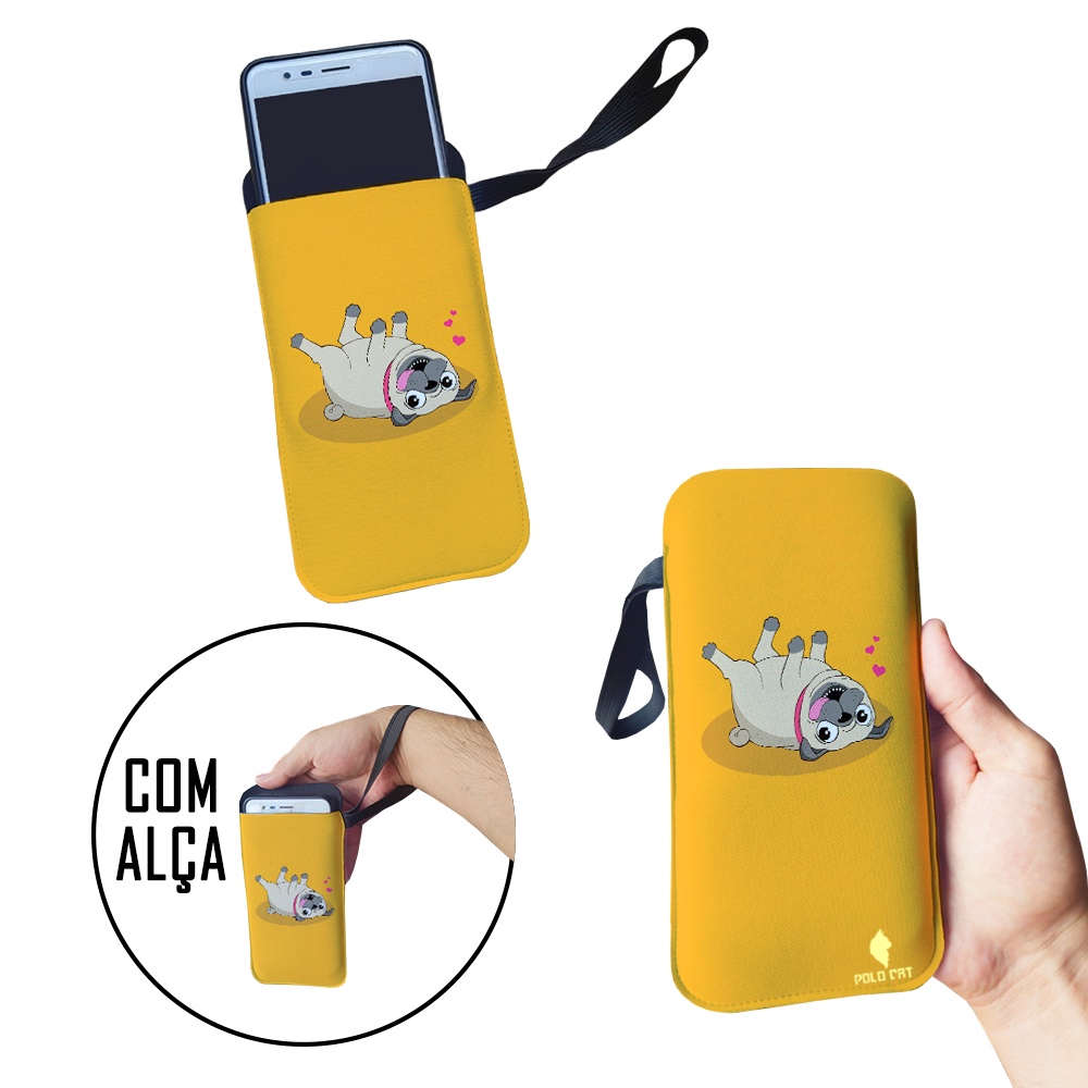 Capinha Celular Case Proteção Neoprene Universal compátivel com todas as marcas Pug Deitado Fundo Laranja