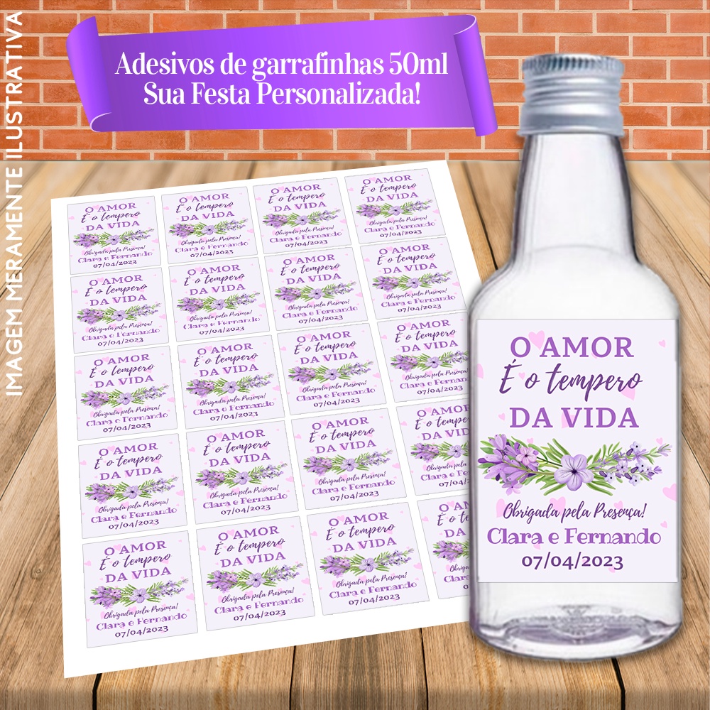 Rótulos Adesivos Personalizadas para Garrafinhas de 50ml "O amor é o tempero da vida" Lavanda Floral