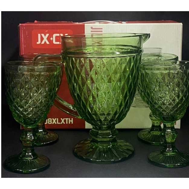 Jogo de Jarra de 1 litro e 4 taças  240 Ml  bico de abacaxi  verde c/ caixa presente  - GMB Imports