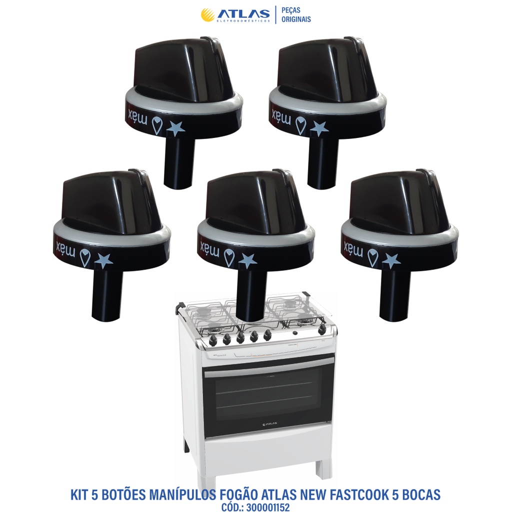 05 botões manípulos para o Fogão Atlas New Fastcook 5 bocas 100% Originais